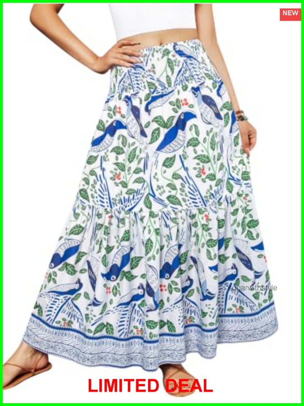 Boho Maxi Skirt Elastic High Waist Pleated A-Line Flowy Long Skirt